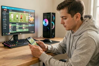 Jeune homme configurant FC25 Web App depuis son smartphone à son bureau gaming