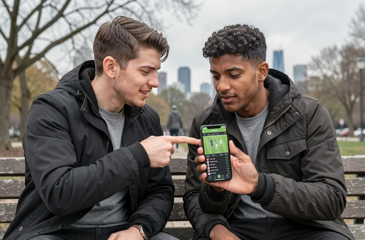 Deux amis consultant les réglages de FC25 Web App sur mobile en plein air dans un parc urbain