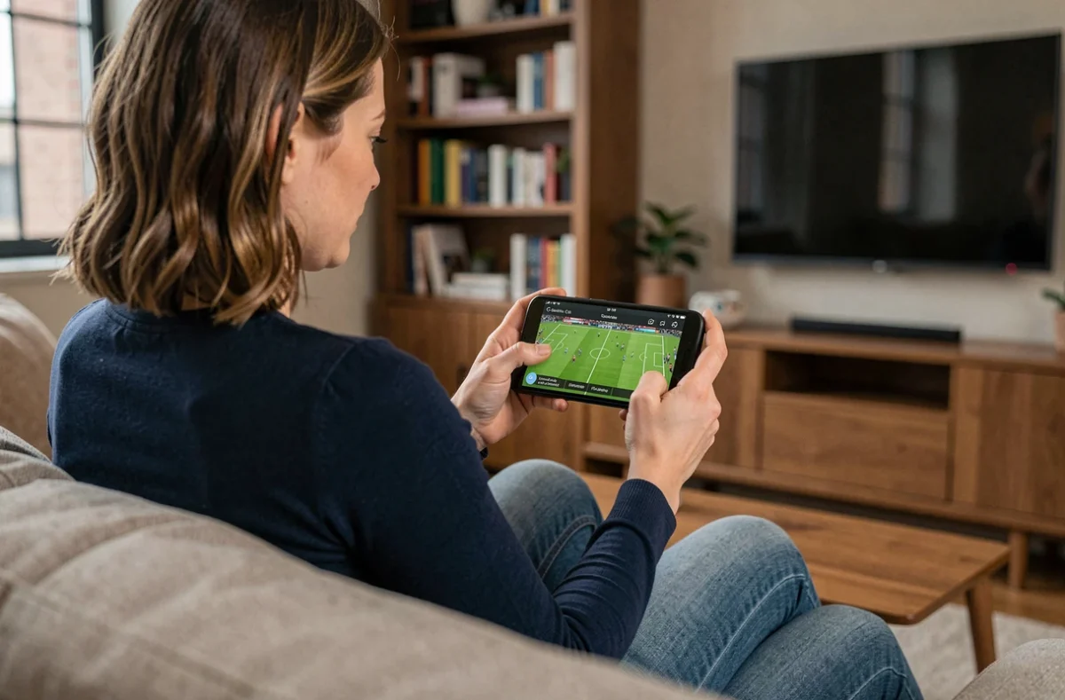 Femme utilisant FC25 Web App sur smartphone en mode paysage dans un salon moderne