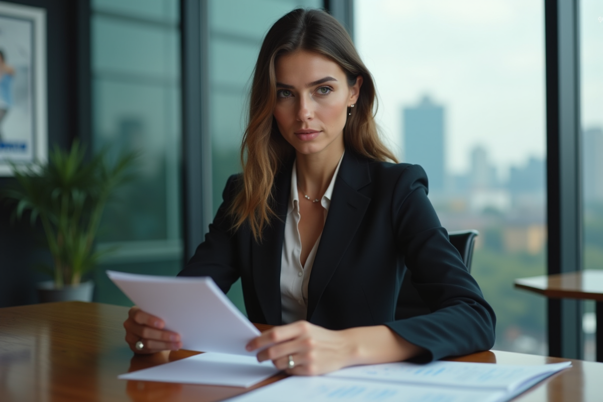 Femme d affaires en costume regardant documents dans bureau
