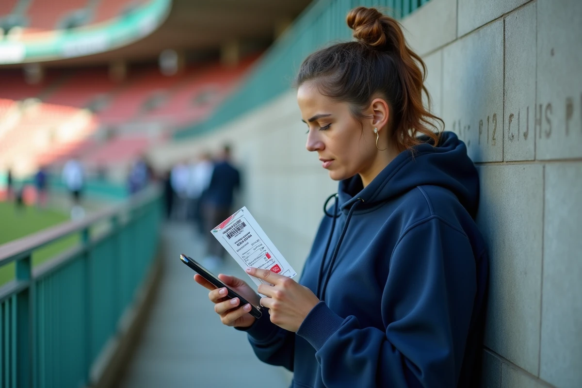 Femme algérienne consultant les compositions de la sélection sur son téléphone devant l'entrée d'un stade en Algérie