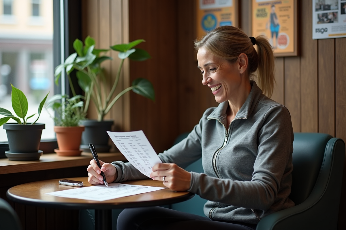Femme lisant des acronymes fitness dans un café cosy