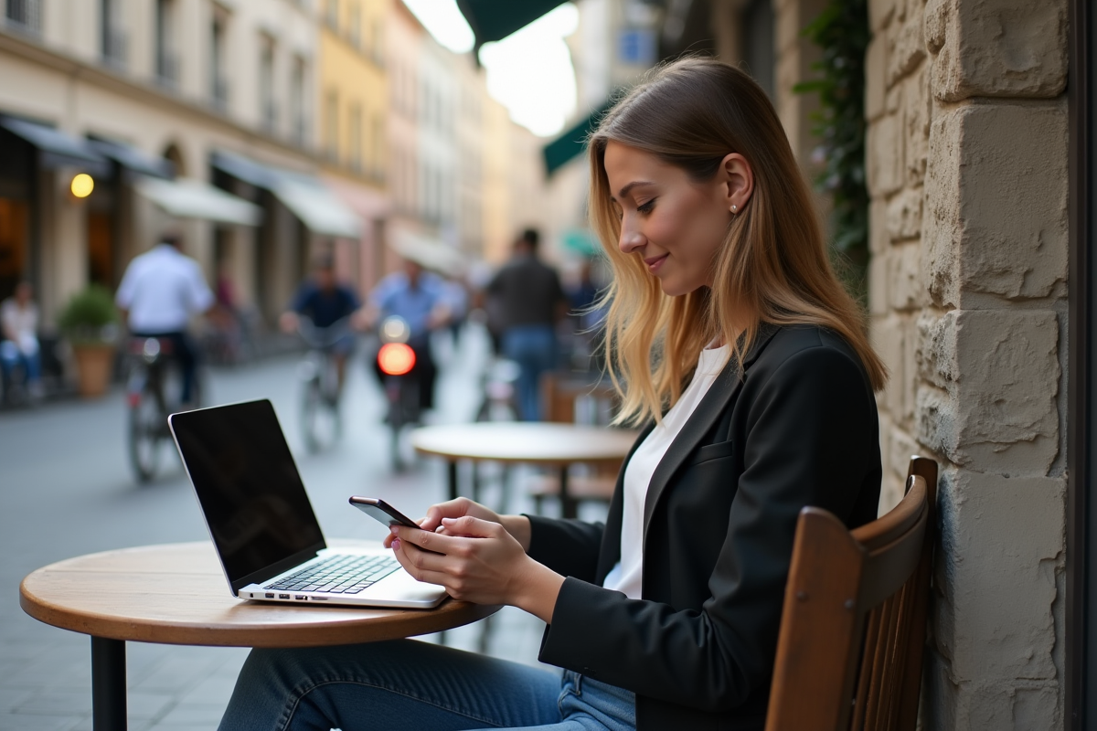 Femme assise dans un café urbain utilisant une application sur son téléphone