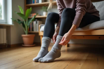 Jeune femme ajuste ses chaussettes en laine dans un salon cosy