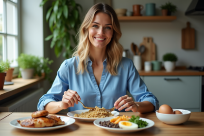 Femme souriante préparant un repas équilibré à la maison