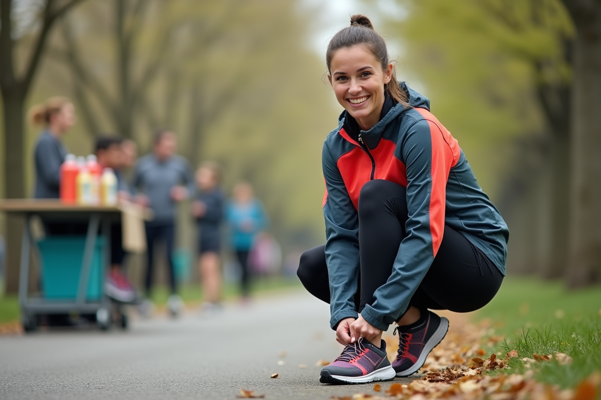 Femme coureuse ajustant ses chaussures dans un parc urbain