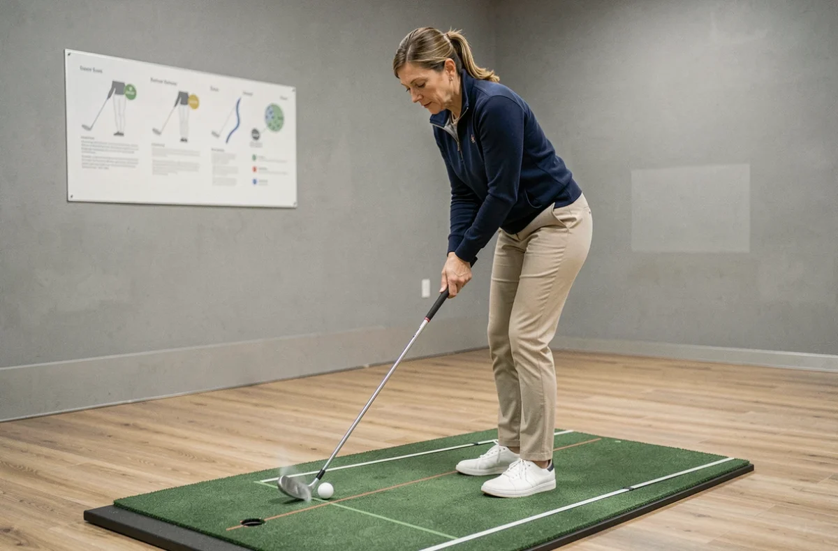 Femme pratiquant le putting sur un tapis d'entraînement intérieur, technique et stratégie au putting