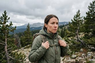 Femme équipée d'une veste technique outdoor ajustant son sac à dos de randonnée sur un sentier montagneux en toutes saisons