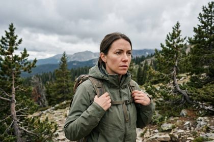 Femme équipée d'une veste technique outdoor ajustant son sac à dos de randonnée sur un sentier montagneux en toutes saisons