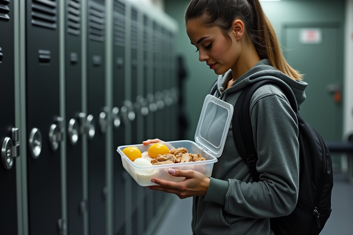 Femme fitness avec boîte repas et œufs dans le vestiaire