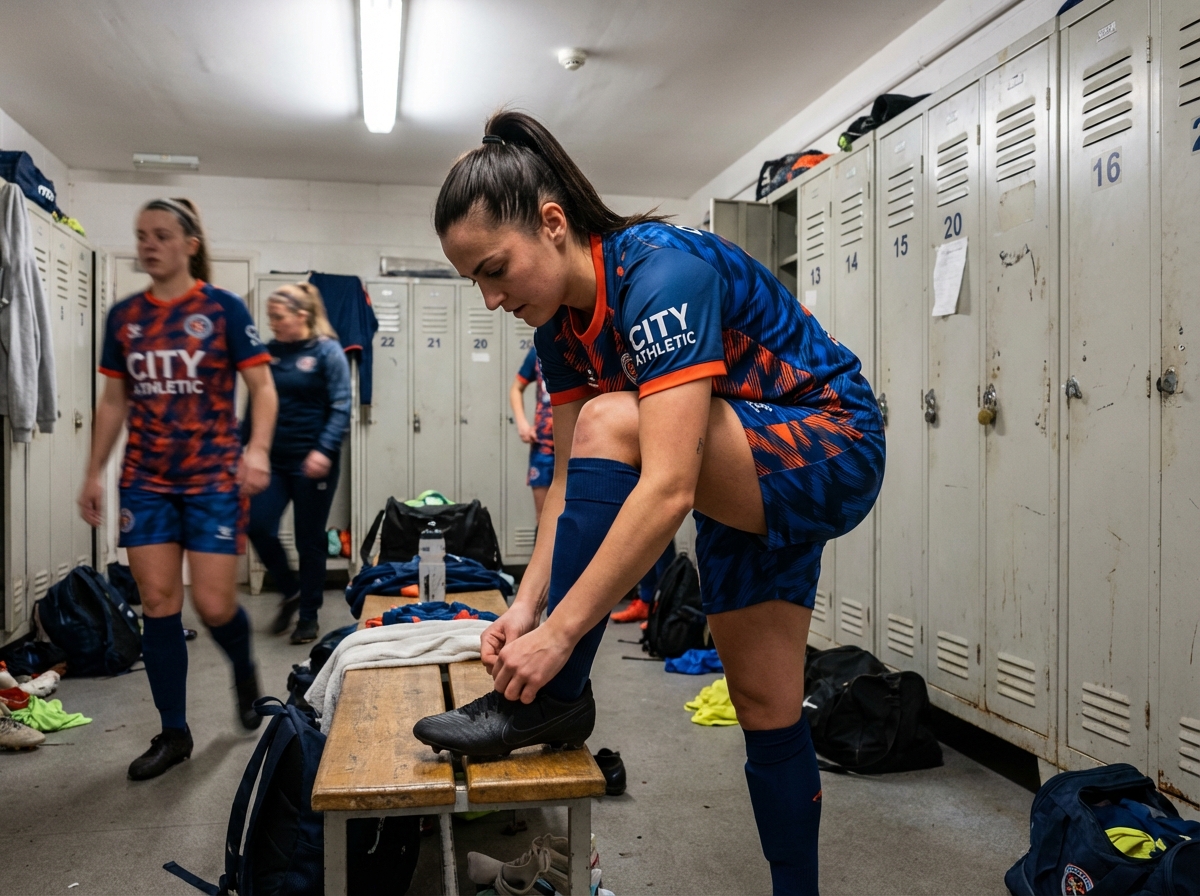 Footballeuse en train de lacer ses chaussures dans le vestiaire