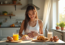 Jeune femme souffrant d'inconfort avec aliments riches en proteines