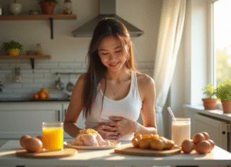 Symptômes d’excès de protéines : comment les reconnaître et agir ? Jeune femme souffrant d'inconfort avec aliments riches en proteines
