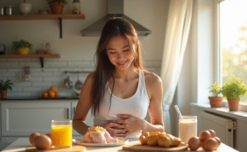 Symptômes d’excès de protéines : comment les reconnaître et agir ? Jeune femme souffrant d'inconfort avec aliments riches en proteines
