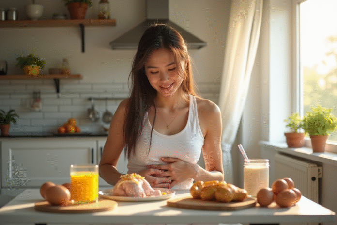 Jeune femme souffrant d'inconfort avec aliments riches en proteines