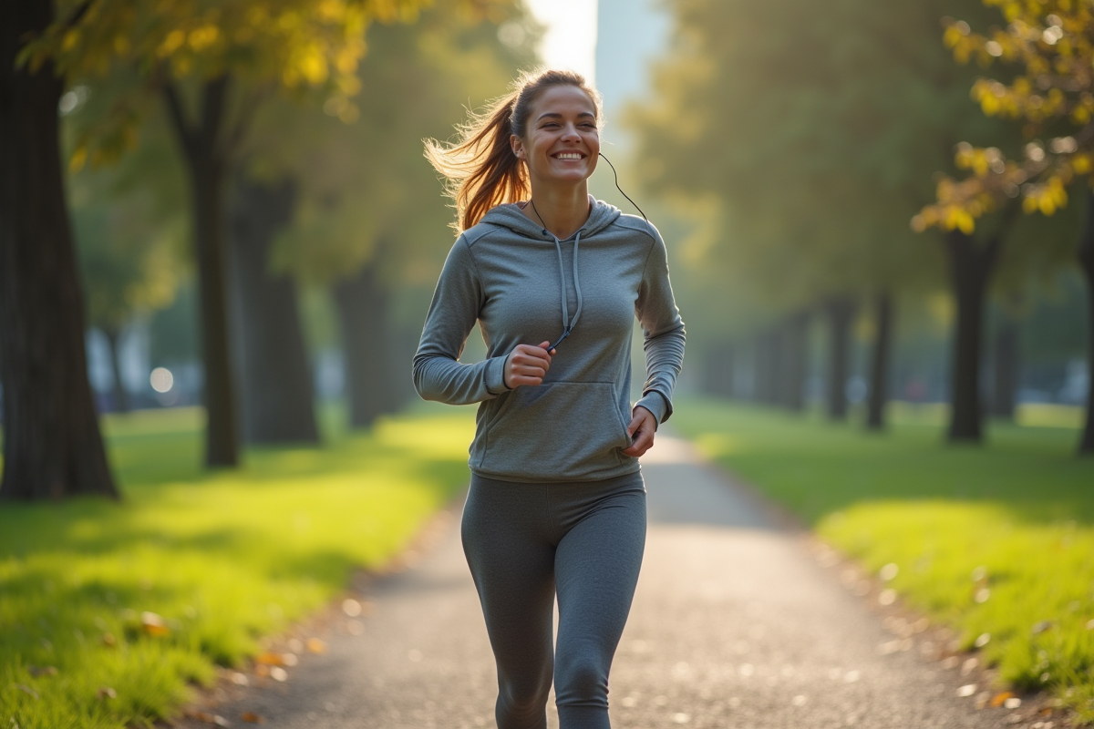 Femme active marchant dans un parc urbain verdoyant
