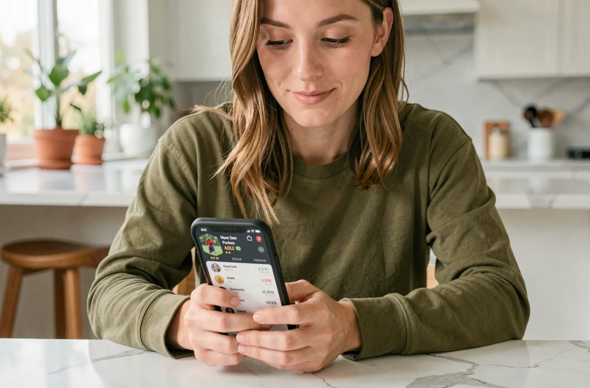 Femme comparant les prix du marché des transferts FC 25 sur smartphone dans une cuisine moderne