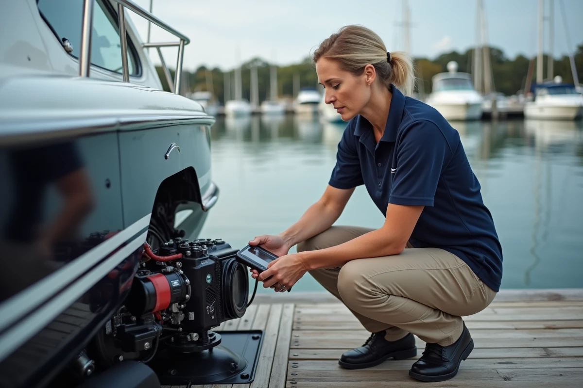 Femme inspectant un moteur de bateau au marina