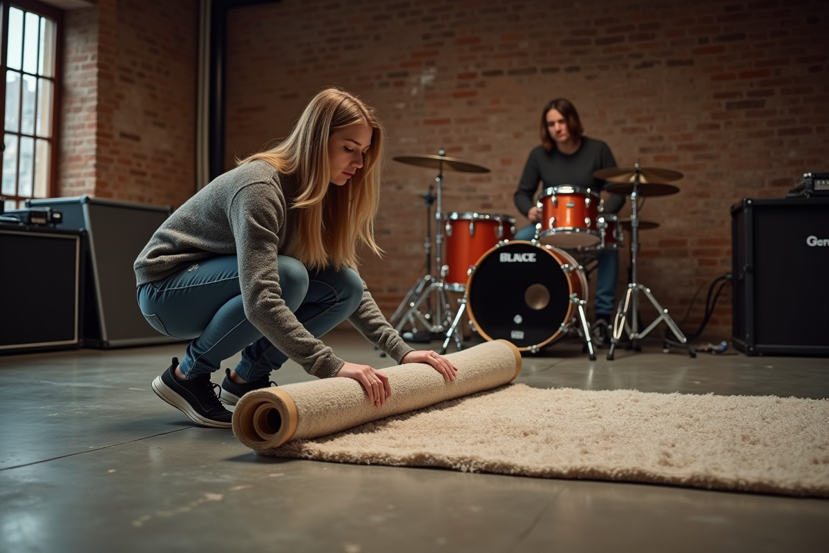 Femme en train de rouler un tapis de batterie dans une salle de répétition