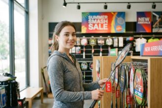 Jeune femme souriante achetant une raquette de badminton
