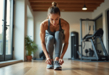 Choisir le meilleur équipement cardio : comment bien s’équiper pour son entraînement ? Femme sportive en train de lacer ses chaussures dans un gymnase lumineux