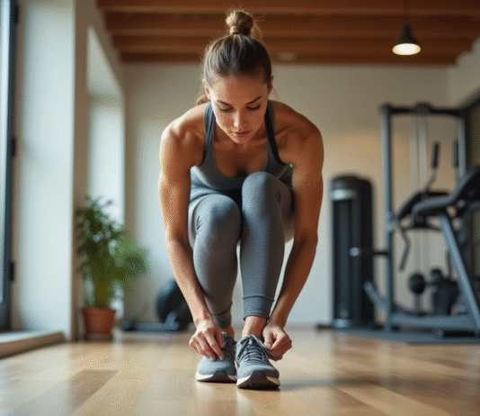 Choisir le meilleur équipement cardio : comment bien s’équiper pour son entraînement ? Femme sportive en train de lacer ses chaussures dans un gymnase lumineux