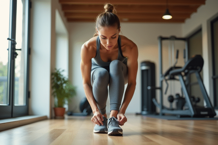 Femme sportive en train de lacer ses chaussures dans un gymnase lumineux