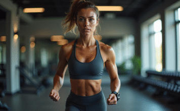 Femme en entraînement HIIT dans une salle moderne