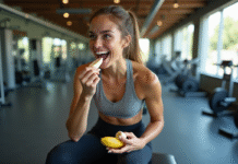 Jeune femme sportive mangeant une banane en salle de sport