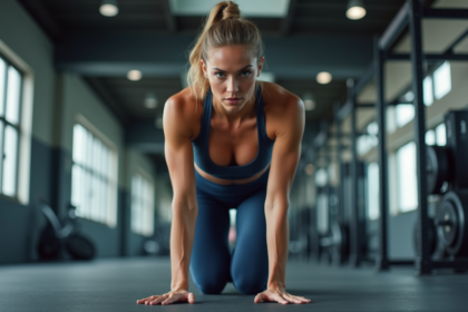 Femme en pleine action de burpee dans une salle de sport moderne