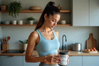 Femme sportive lisant l'étiquette d'une protéine