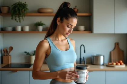 Femme sportive lisant l'étiquette d'une protéine