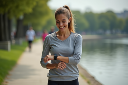 Femme souriante en tenue de sport marche au bord de l'eau