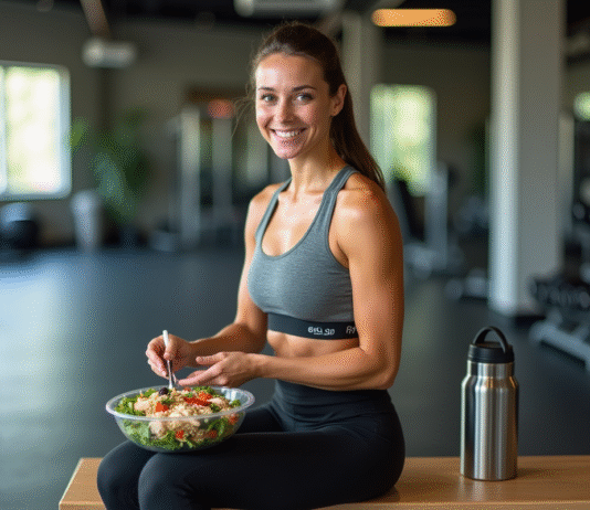 Sportifs : Aliments pour perdre du poids en optimisant l’effort Jeune femme sportive préparant une salade saine en salle de sport