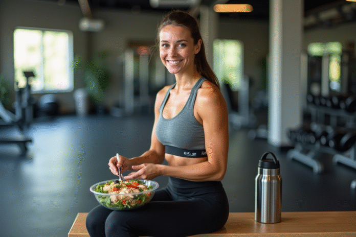 Jeune femme sportive préparant une salade saine en salle de sport