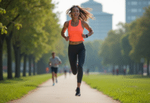 Femme sportive sautant dans un parc urbain en matinée
