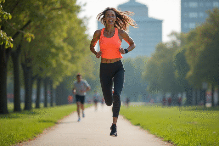 femme-sportive-saut-urban Femme sportive sautant dans un parc urbain en matinée