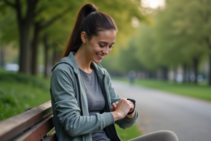 Jeune femme sportive vérifiant sa smartwatch dans un parc urbain