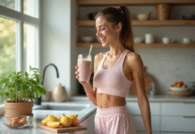 Femme sportive en cuisine préparant un smoothie