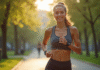 Jeune femme sportive marchant dans un parc urbain ensoleille avec un tracker de fitness