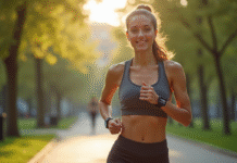 Jeune femme sportive marchant dans un parc urbain ensoleille avec un tracker de fitness