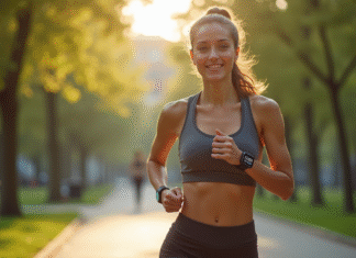 Transformer 17 000 pas en kilomètres : nos conseils pour réussir Jeune femme sportive marchant dans un parc urbain ensoleille avec un tracker de fitness