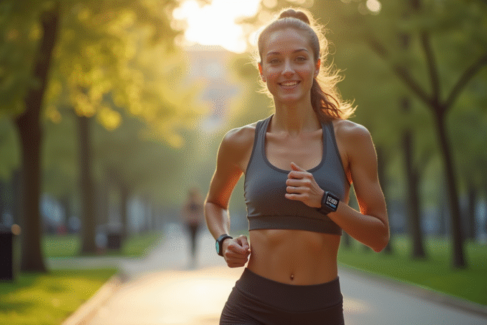 Jeune femme sportive marchant dans un parc urbain ensoleille avec un tracker de fitness