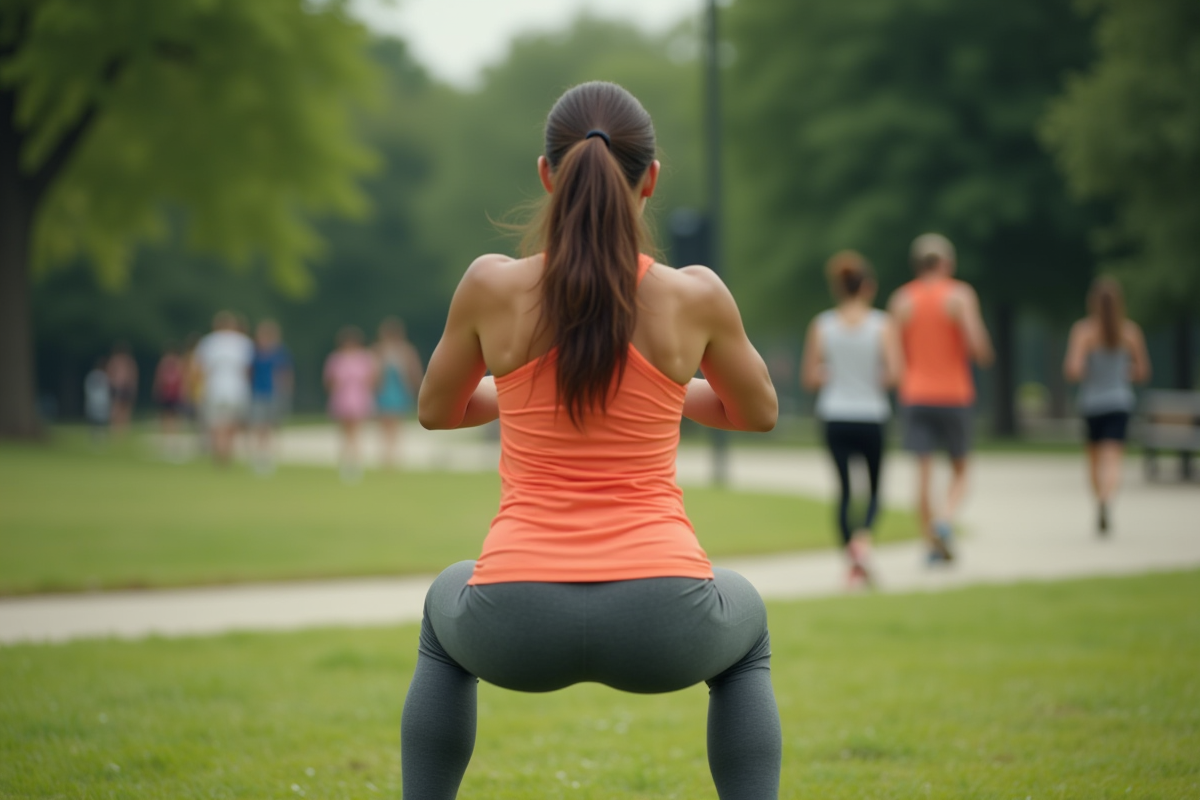 Femme déterminée faisant des squats dans un parc
