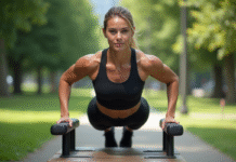 Femme en pleine exercice de triceps dans un parc urbain