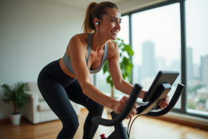 Femme en leggings et débardeur pédalant en intérieur