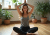 Femme en yoga détendue dans un salon cosy
