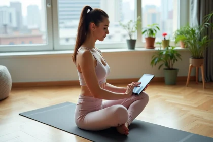Femme en pastel faisant du Pilates dans un salon lumineux