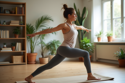 Femme en yoga en position de guerrier dans un studio lumineux