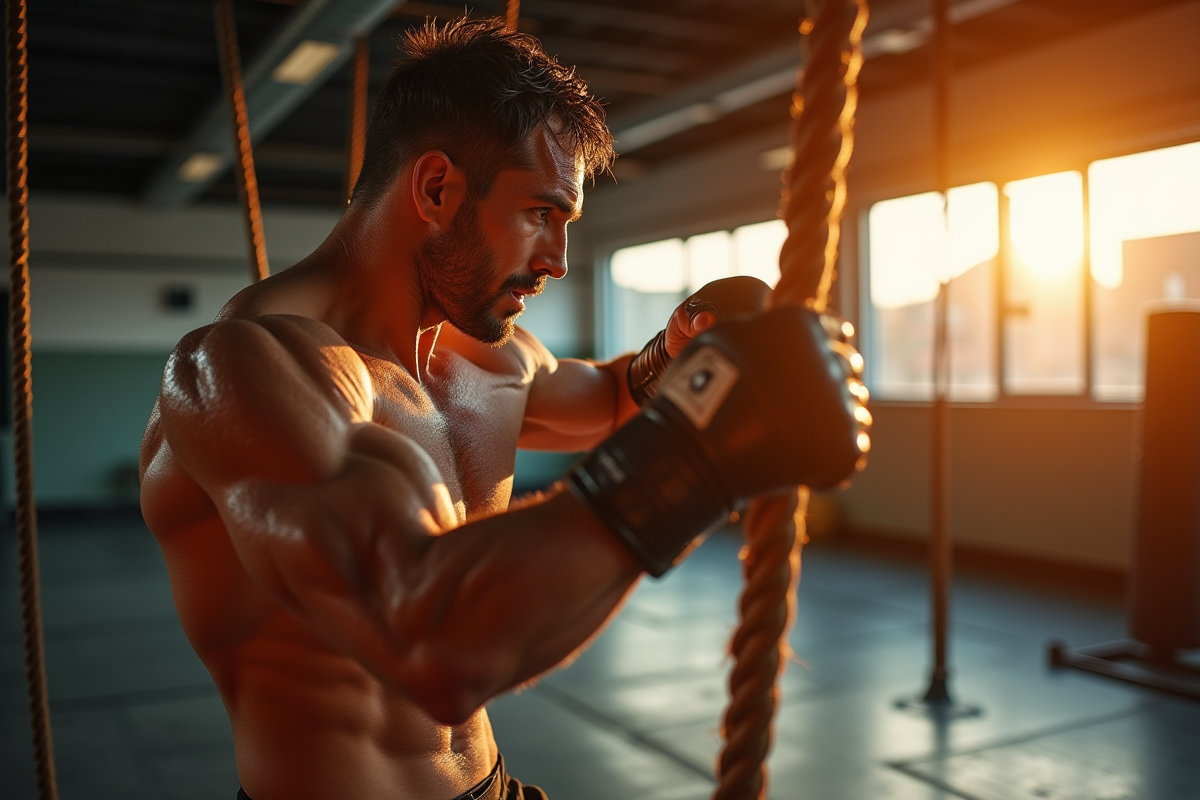 Lutteur faisant des exercices avec corde de combat seul